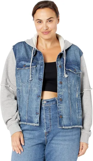 Free People Throwback Denim Knit Jacket For Women - Contrast Long Sleeves With Ribbed Cuffs, Stylish and Breathable Jacket