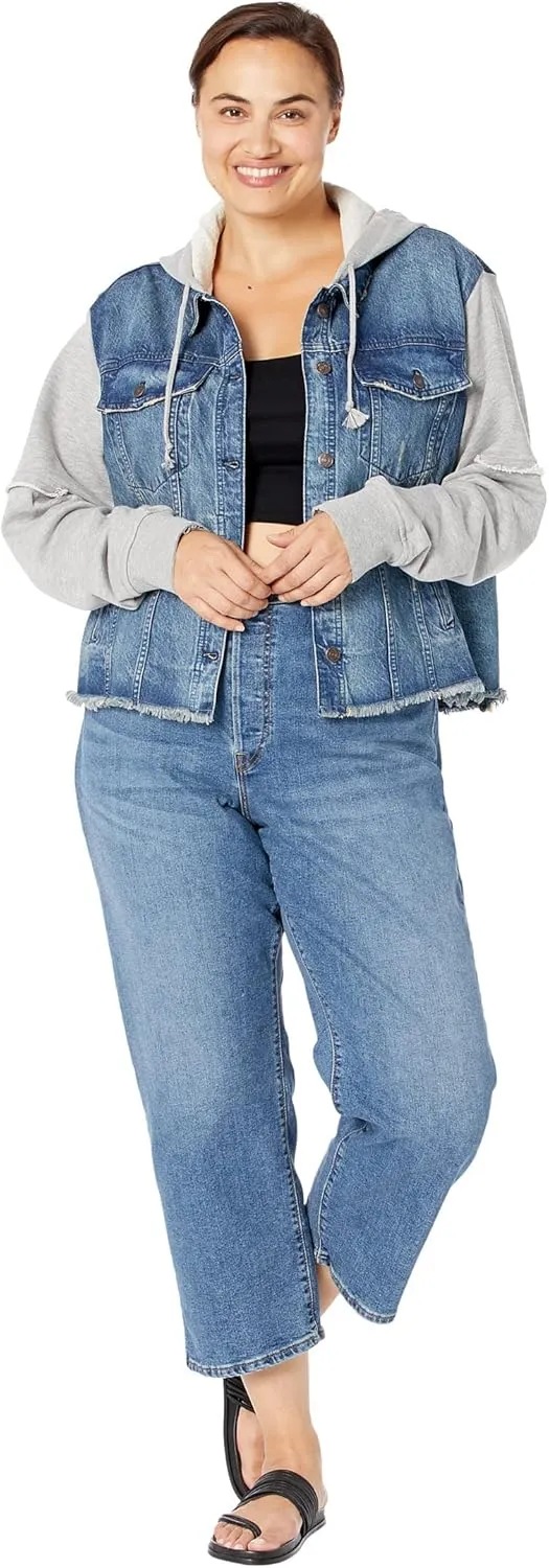 Free People Throwback Denim Knit Jacket For Women - Contrast Long Sleeves With Ribbed Cuffs, Stylish and Breathable Jacket
