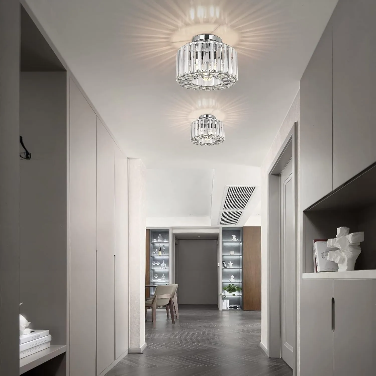 FRIDEKO HOME Semi Flush Mount Ceiling Light Fixture - Crystal Hallway Light Mini Chandelier Modern Light Fixtures Ceiling Mount for Kitchen Bedroom Bathroom Entryway Dining Room