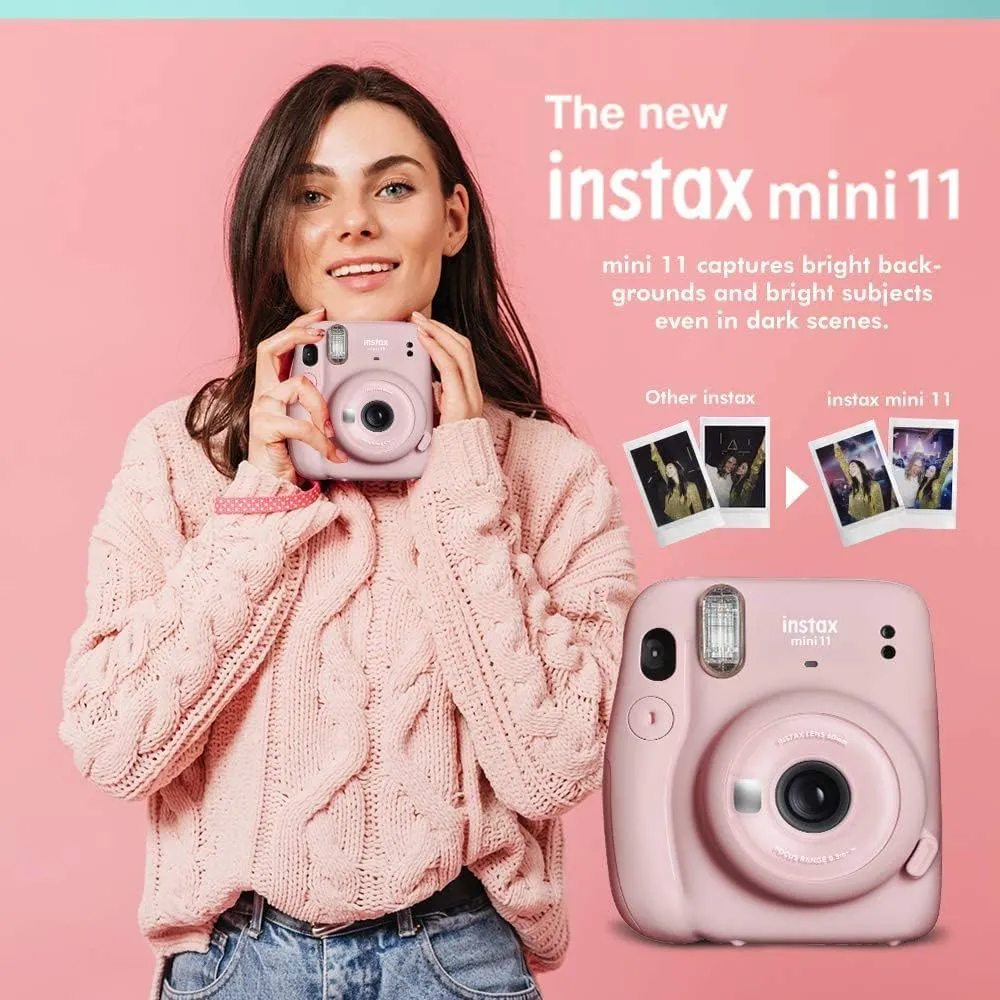Fujifilm Instax Mini 11 Instant Camera Blush Pink   Fuji Film Value Pack (40 Sheets)   Shutter Accessories Bundle, Incl. Compatible Carrying Case, Quicksand Beads Photo Album 64 Pockets