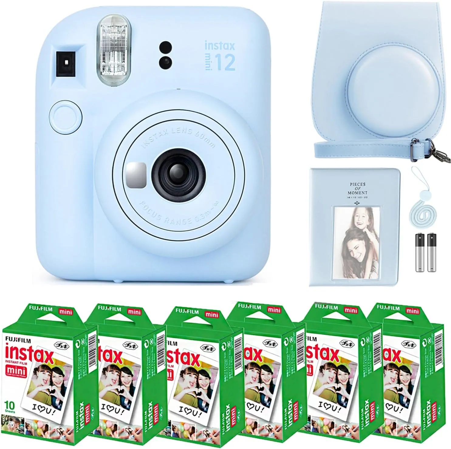 Fujifilm Instax Mini 12 Camera with Fujifilm Instant Mini Film (60 Sheets) Bundle with Deals Number One Accessories Including Carrying Case, Photo Album, Stickers (Pastel Blue)