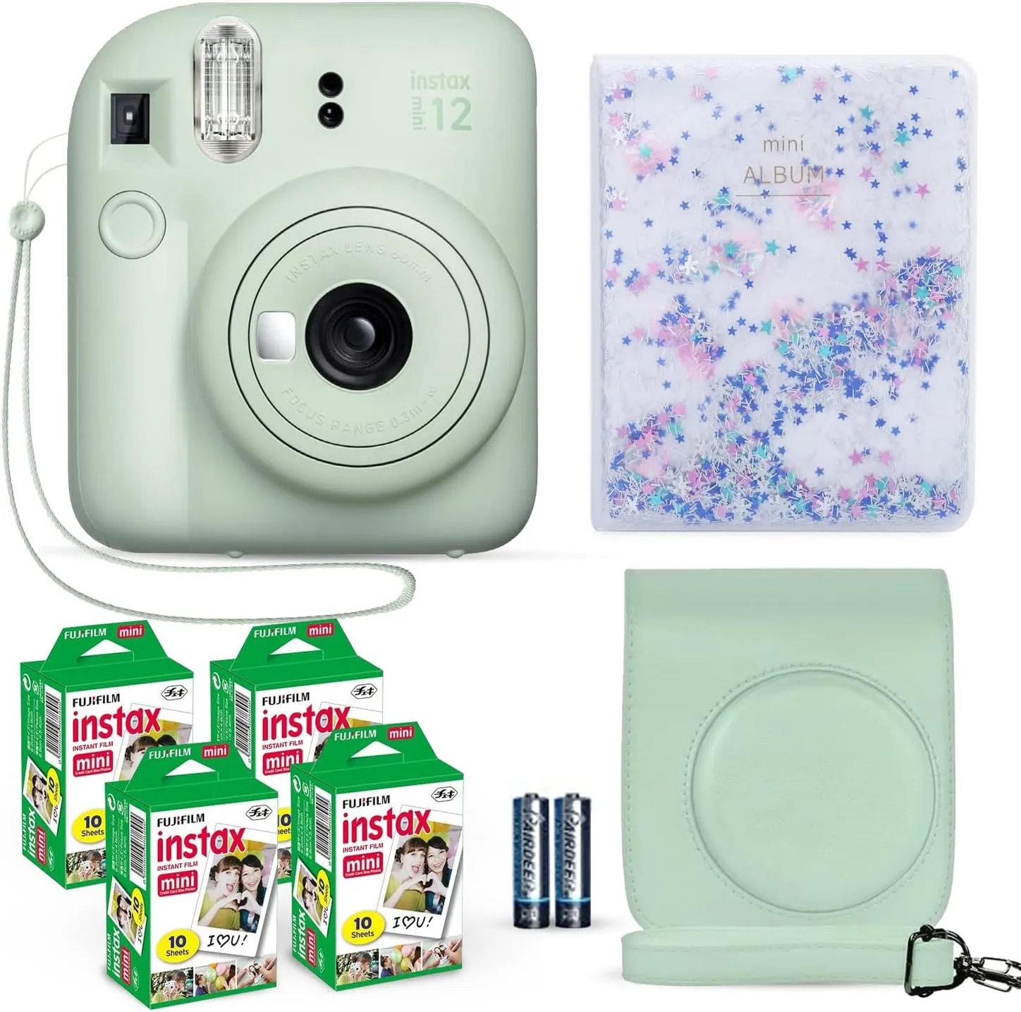 Fujifilm Instax Mini 12 Instant Camera Mint Green   Fuji Film Value Pack (40 Sheets)   Shutter Accessories Bundle, Incl. Compatible Carrying Case, Quicksand Beads Photo Album 64 Pockets