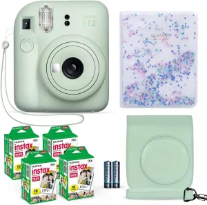 Fujifilm Instax Mini 12 Instant Camera Mint Green   Fuji Film Value Pack (40 Sheets)   Shutter Accessories Bundle, Incl. Compatible Carrying Case, Quicksand Beads Photo Album 64 Pockets