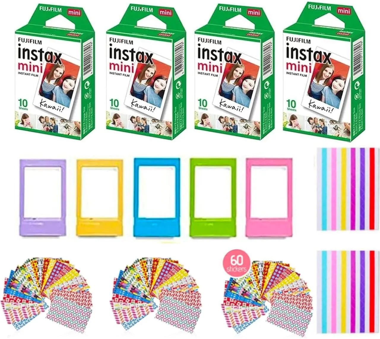 Fujifilm Instax Mini Instant Camera Film: 40 Shoots Total, (10 Sheets x 4) Includes 5 "Tudak Plastic Desk Frames, 60 Sticker Frames & 2 Packs Corner Stickers – Perfect for Scrapbooking & Display