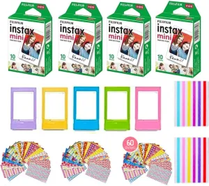 Fujifilm Instax Mini Instant Camera Film: 40 Shoots Total, (10 Sheets x 4) Includes 5 "Tudak Plastic Desk Frames, 60 Sticker Frames & 2 Packs Corner Stickers – Perfect for Scrapbooking & Display