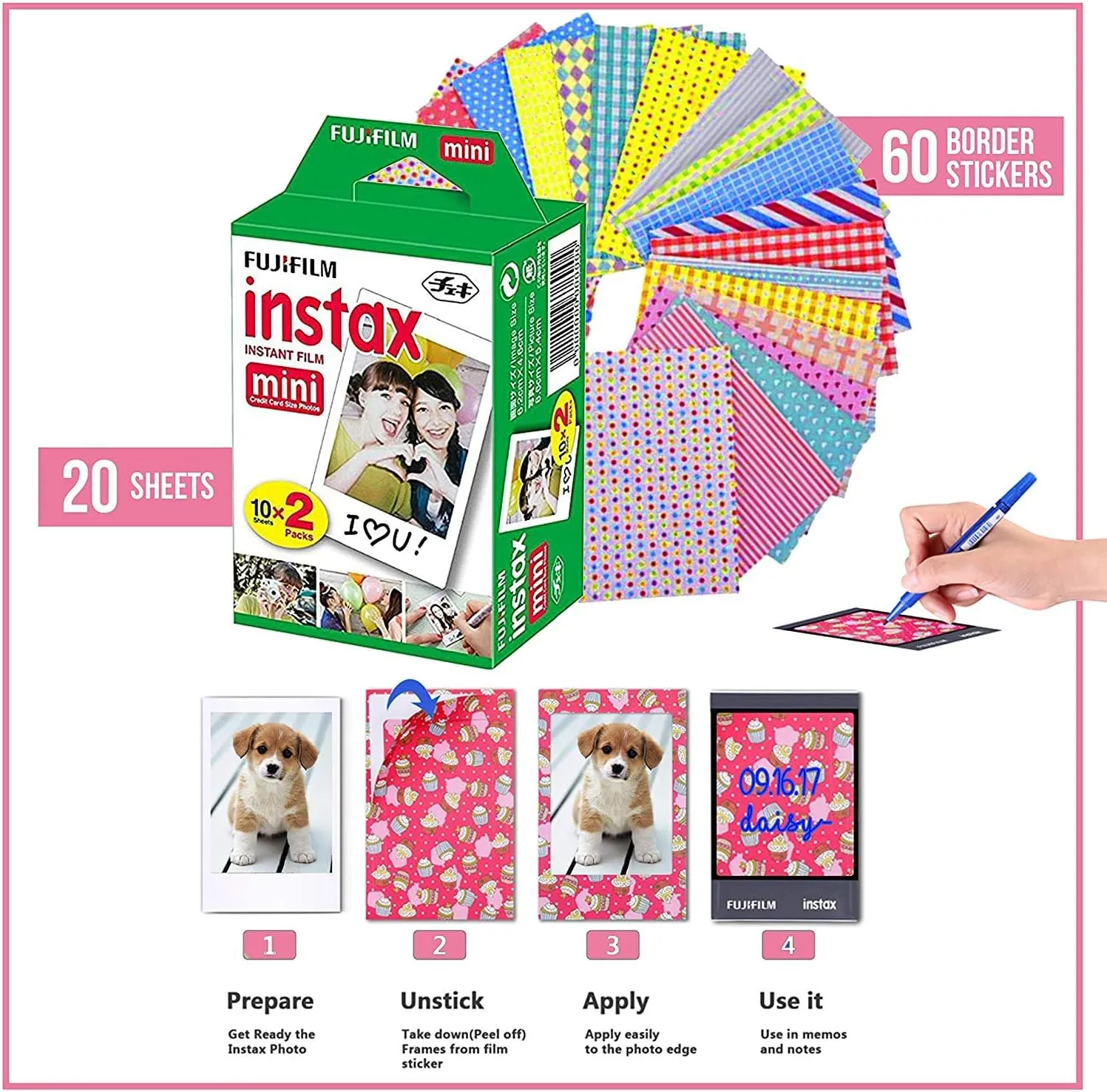 Fujifilm Instax Mini Instant Camera Film: 40 Shoots Total, (10 Sheets x 4) Includes 5 "Tudak Plastic Desk Frames, 60 Sticker Frames & 2 Packs Corner Stickers – Perfect for Scrapbooking & Display