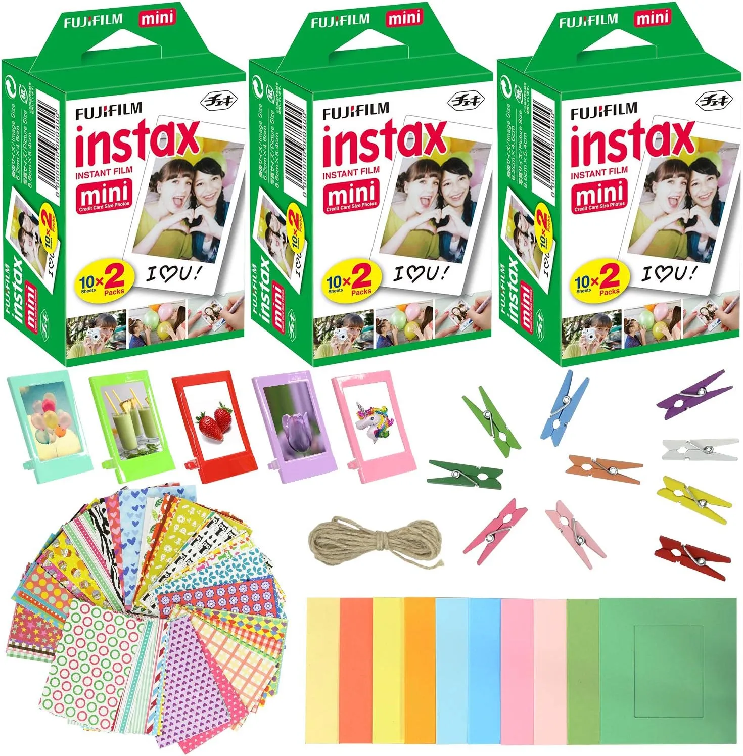 Fujifilm Instax Mini Instant Film (3 Pack, 60 Sheets) 5 Plastic Desk Frames   10 Paper Frames Plus 60 Sticker Frames