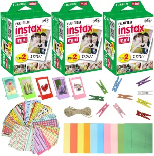 Fujifilm Instax Mini Instant Film (3 Pack, 60 Sheets) 5 Plastic Desk Frames   10 Paper Frames Plus 60 Sticker Frames