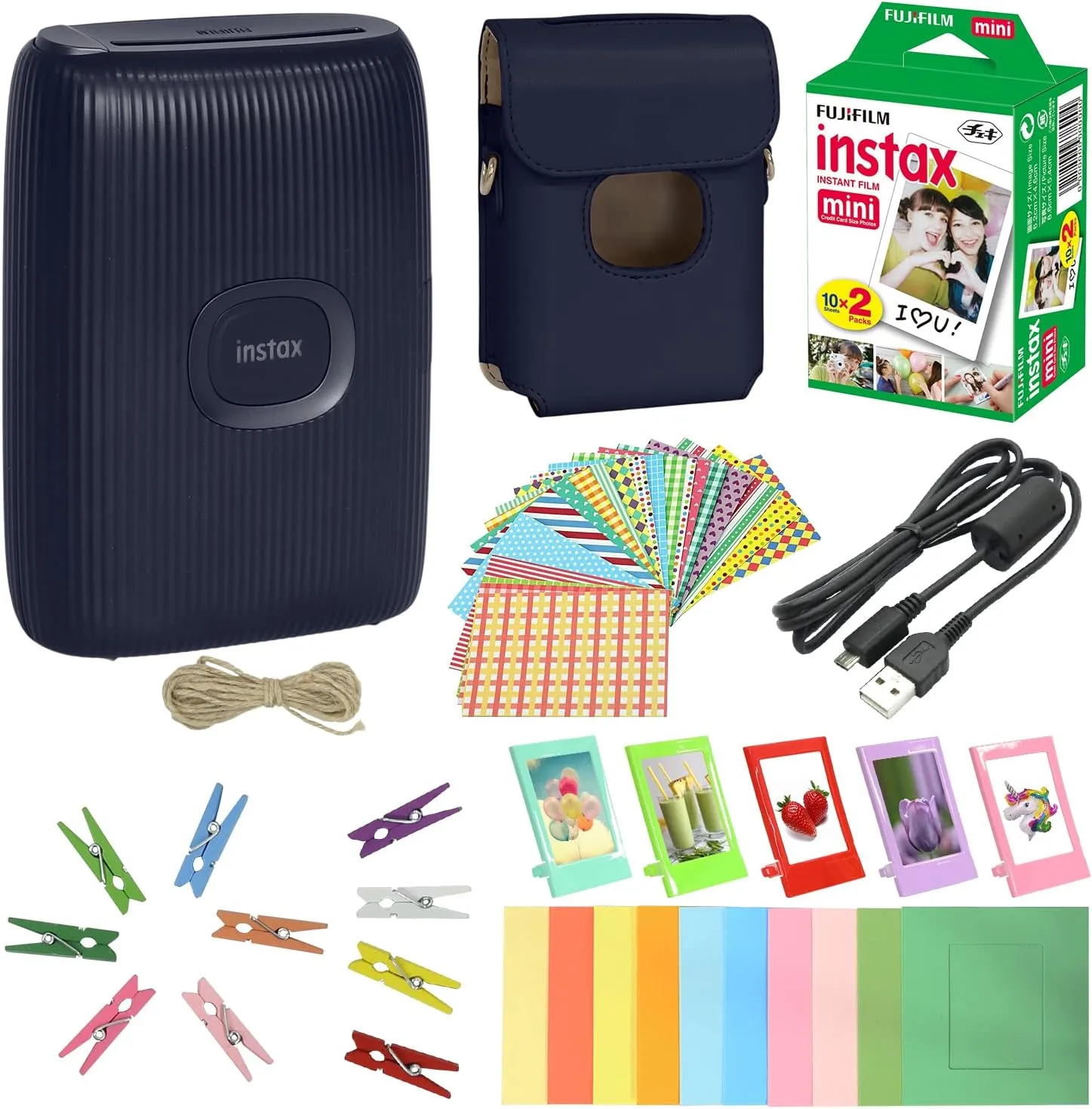 Fujifilm Instax Mini Link 2 Smartphone Printer Space Blue   Fuji Instax Film Value Pack 20 Sheets Accessories Bundle with Case   5 Plastic Desk Frames   10 Paper Frames Plus 60 Sticker Frames