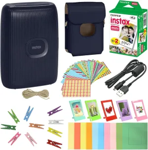 Fujifilm Instax Mini Link 2 Smartphone Printer Space Blue   Fuji Instax Film Value Pack 20 Sheets Accessories Bundle with Case   5 Plastic Desk Frames   10 Paper Frames Plus 60 Sticker Frames