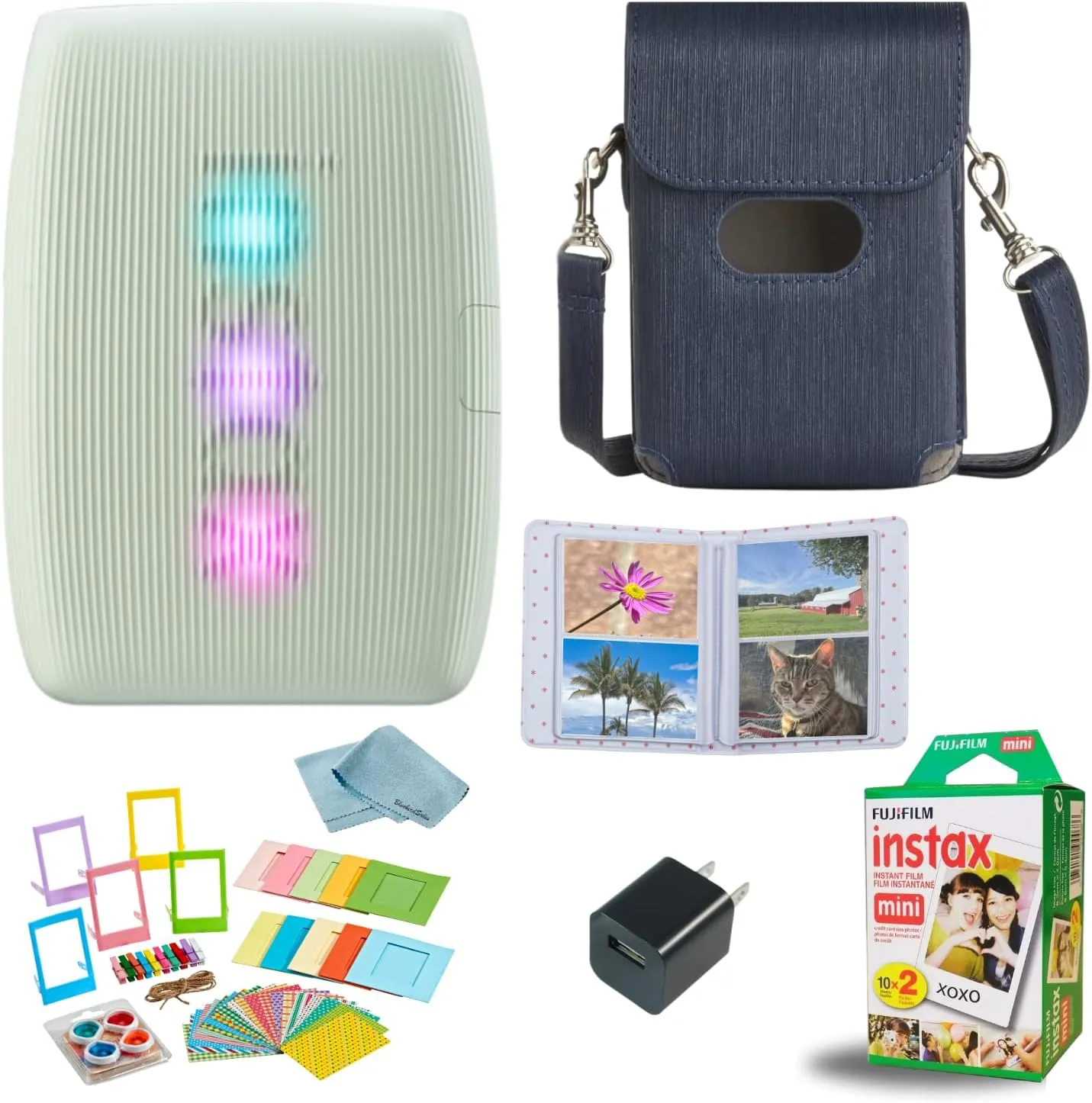 Fujifilm INSTAX Mini Link 3 Smartphone Printer   INSTAX Mini Instant Film (20 Sheets)   USB Wall Charger   BluebirdSales Travel Bag, Photo Album, Microfiber Cleaning Cloth (Sage Green)