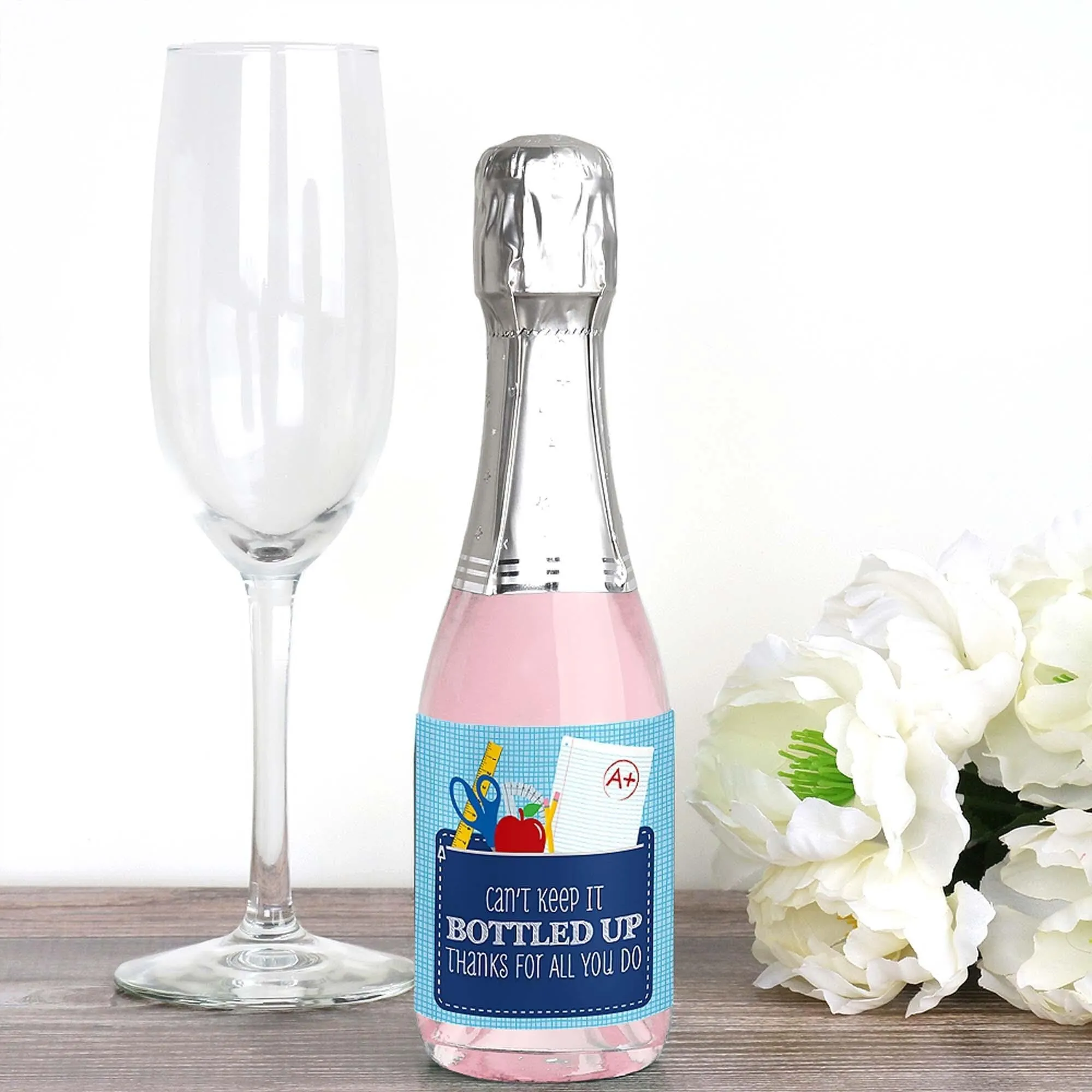 Funny Colorful - Mini Wine and Champagne Bottle Label Stickers - First and Last Day of School Teacher Appreciation Favor Christmas Gift - For Women and Men - Set of 16