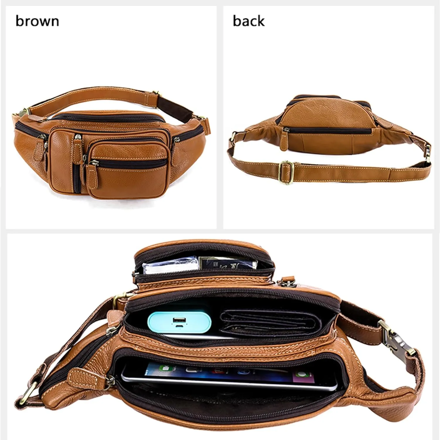 Genuine Leather Fanny Pack large capacity Crossbody Waist Bag with Zipper phone Pockets brown