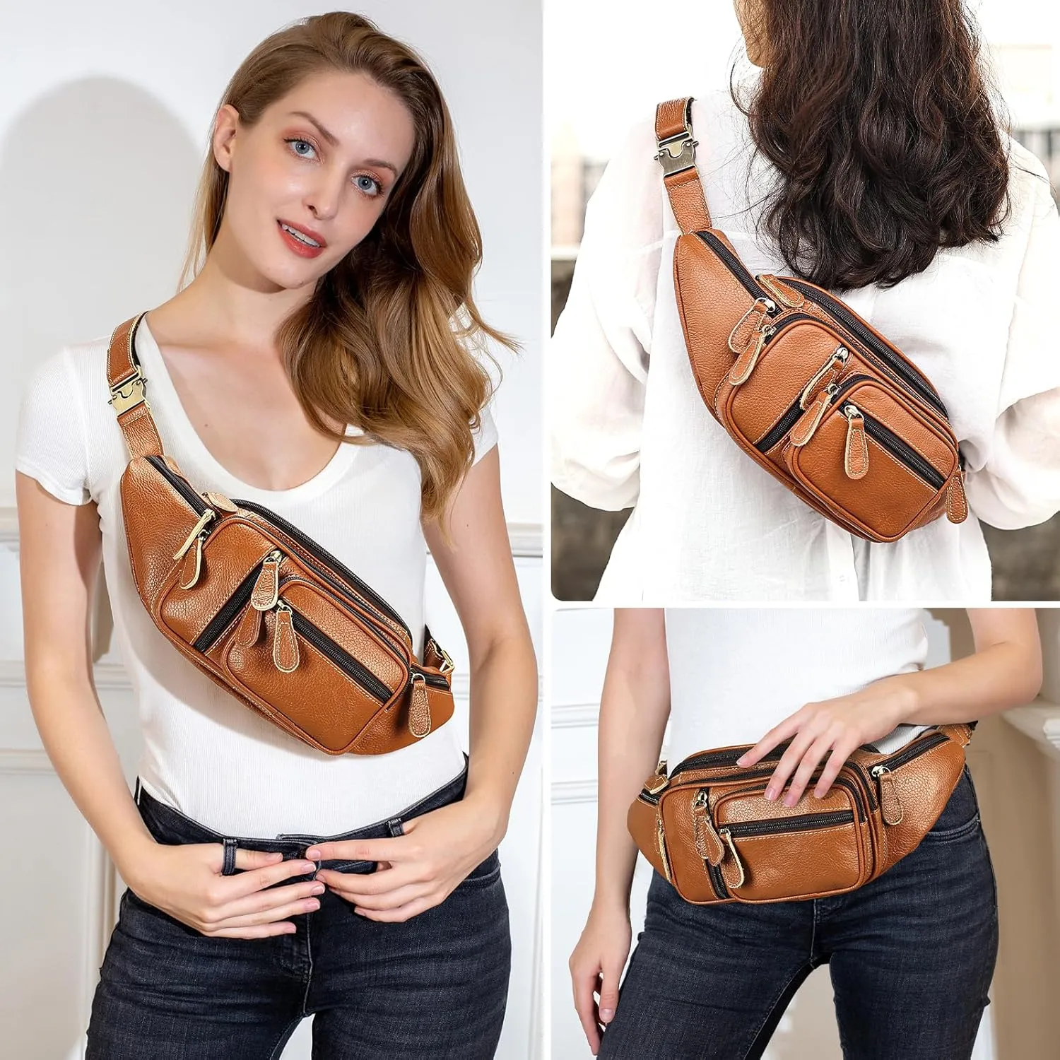 Genuine Leather Fanny Pack large capacity Crossbody Waist Bag with Zipper phone Pockets brown