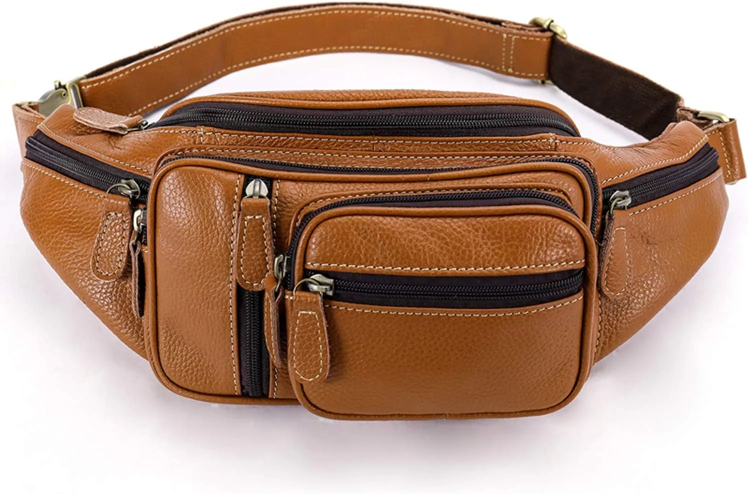 Genuine Leather Fanny Pack large capacity Crossbody Waist Bag with Zipper phone Pockets brown