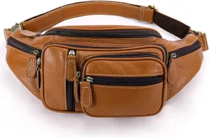Genuine Leather Fanny Pack large capacity Crossbody Waist Bag with Zipper phone Pockets brown