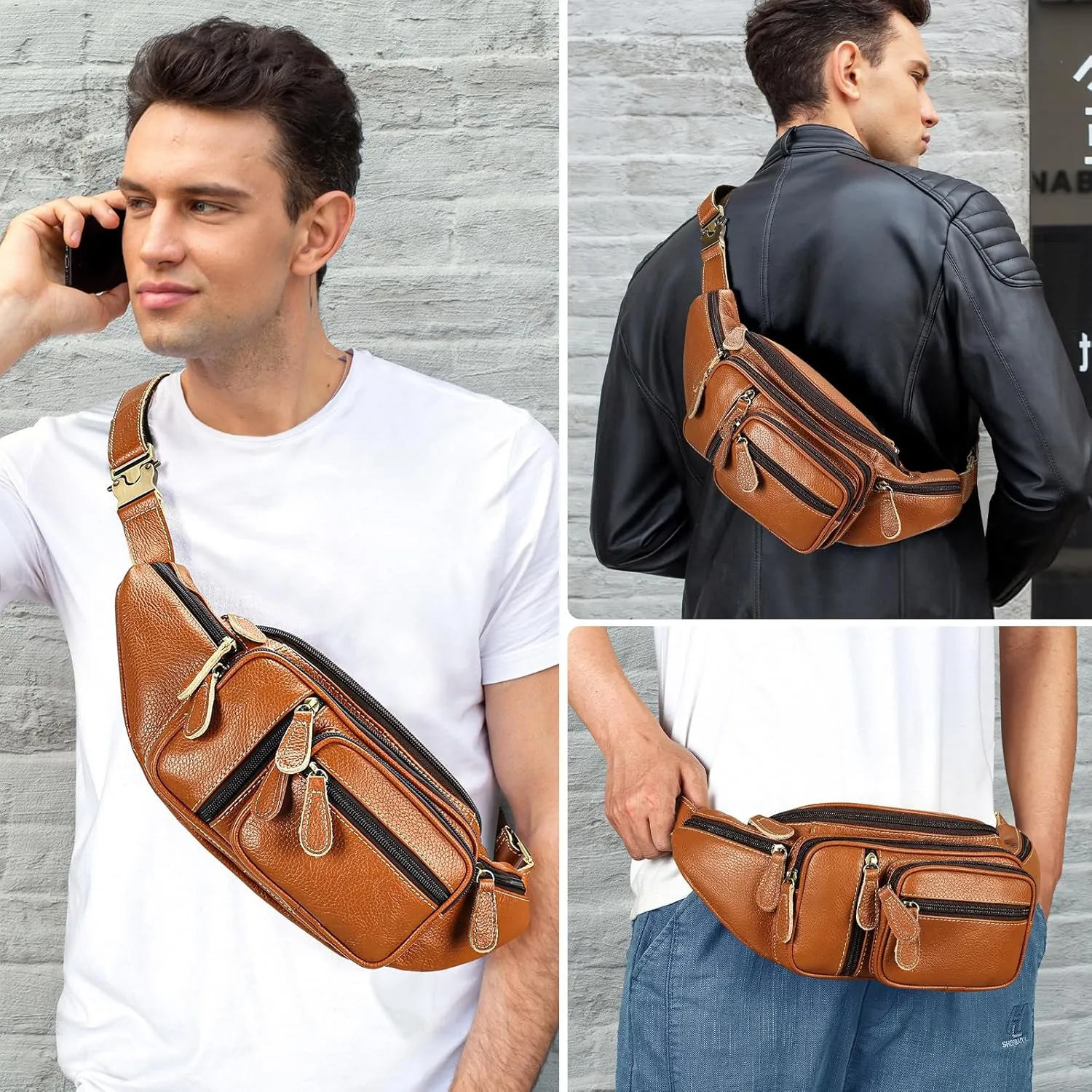 Genuine Leather Fanny Pack large capacity Crossbody Waist Bag with Zipper phone Pockets brown