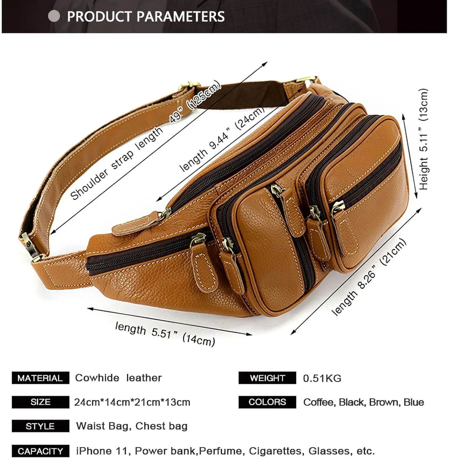 Genuine Leather Fanny Pack large capacity Crossbody Waist Bag with Zipper phone Pockets brown