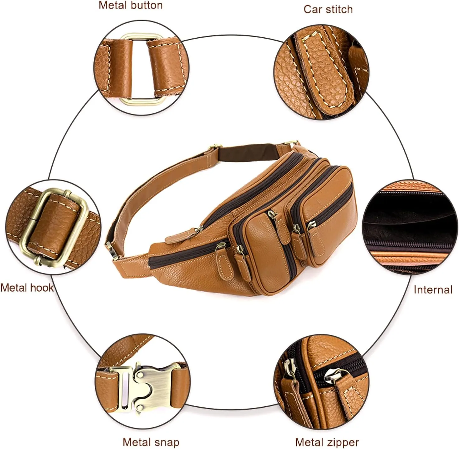 Genuine Leather Fanny Pack large capacity Crossbody Waist Bag with Zipper phone Pockets brown