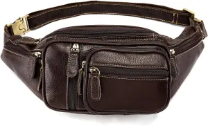 Genuine Leather Fanny Pack large capacity Crossbody Waist Bag with Zipper phone Pockets coffee