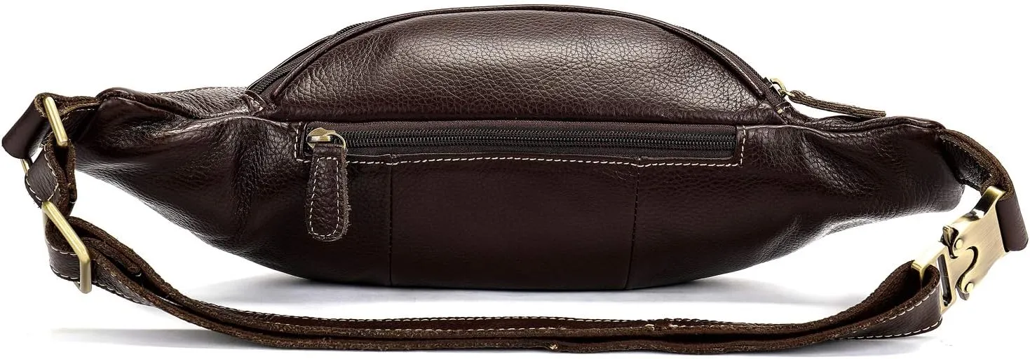 Genuine Leather Fanny Pack large capacity Crossbody Waist Bag with Zipper phone Pockets coffee