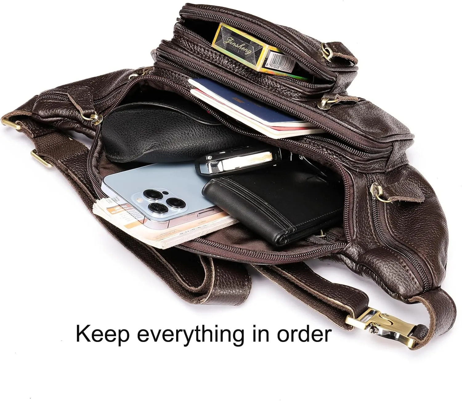 Genuine Leather Fanny Pack large capacity Crossbody Waist Bag with Zipper phone Pockets coffee