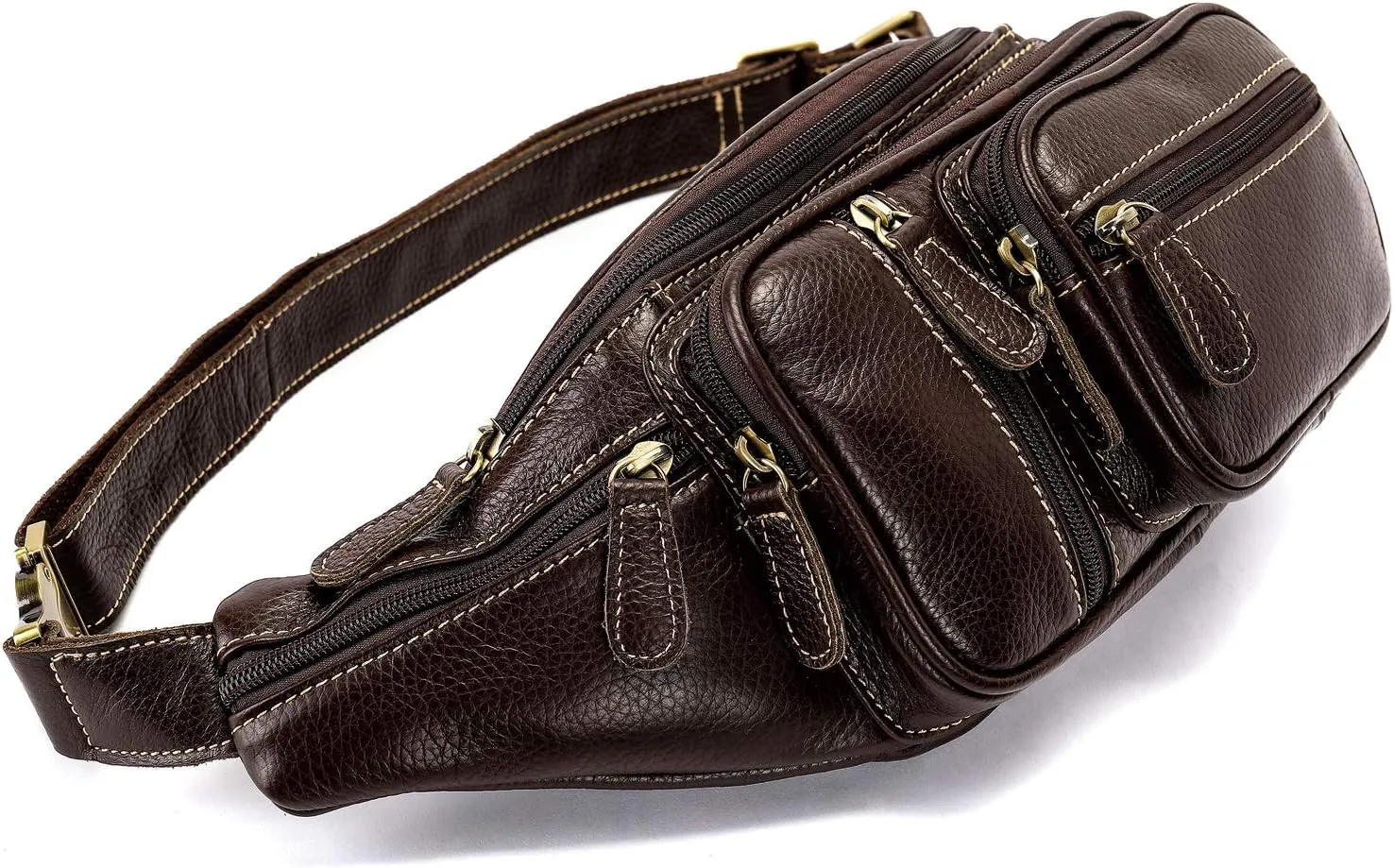Genuine Leather Fanny Pack large capacity Crossbody Waist Bag with Zipper phone Pockets coffee