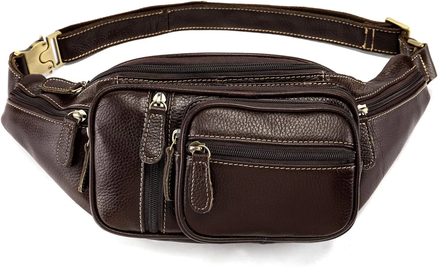 Genuine Leather Fanny Pack large capacity Crossbody Waist Bag with Zipper phone Pockets coffee