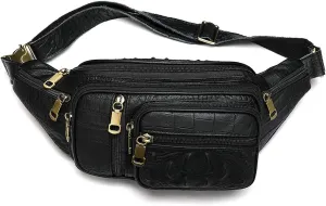 Genuine Leather Fanny Pack large capacity Crossbody Waist Bag with Zipper phone Pockets crocodile black