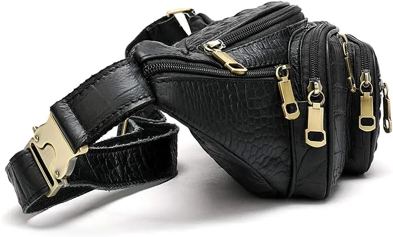 Genuine Leather Fanny Pack large capacity Crossbody Waist Bag with Zipper phone Pockets crocodile black