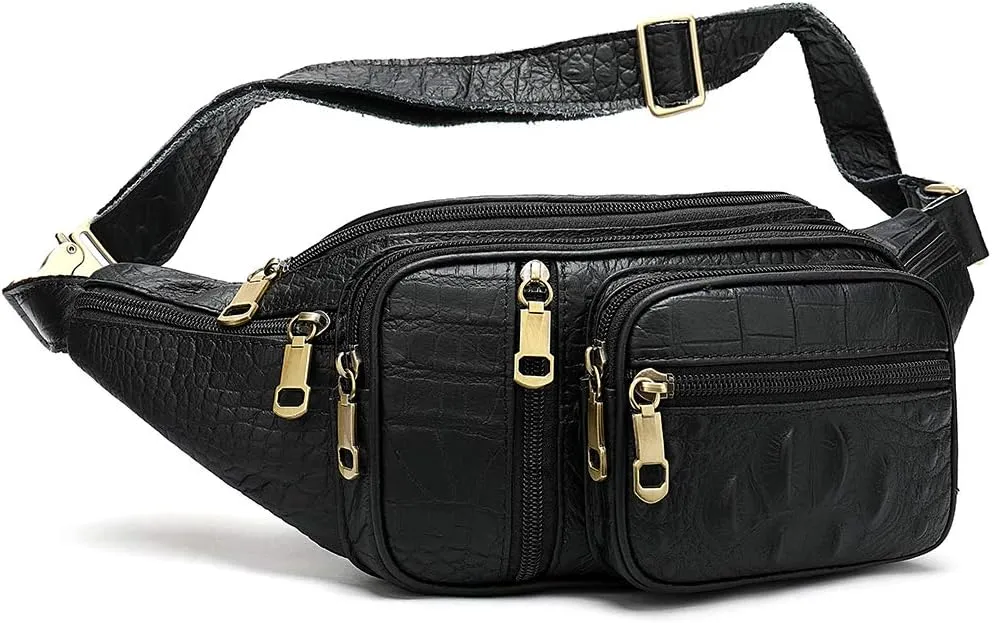 Genuine Leather Fanny Pack large capacity Crossbody Waist Bag with Zipper phone Pockets crocodile black