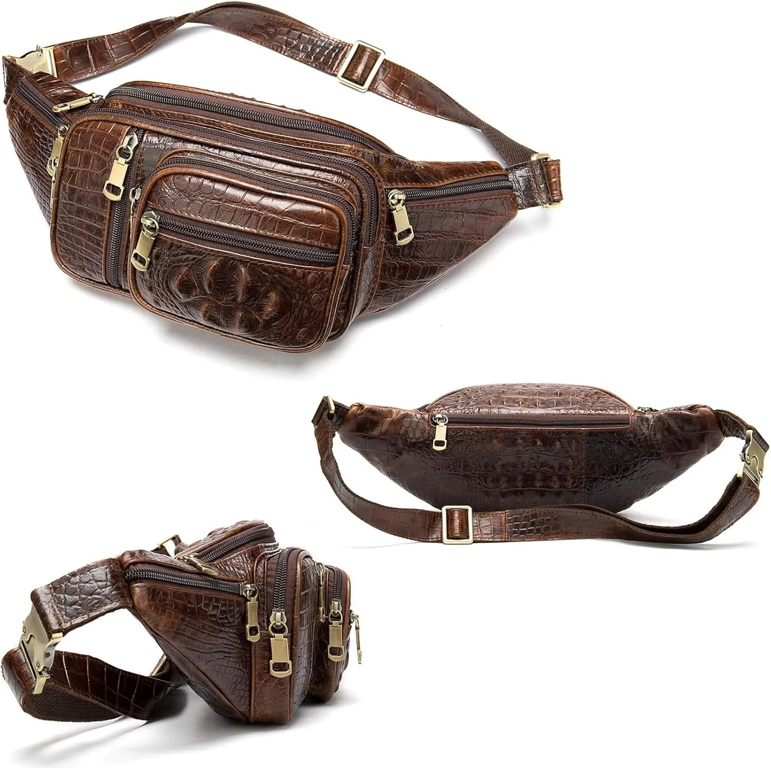 Genuine Leather Fanny Pack large capacity Crossbody Waist Bag with Zipper phone Pockets crocodile coffee