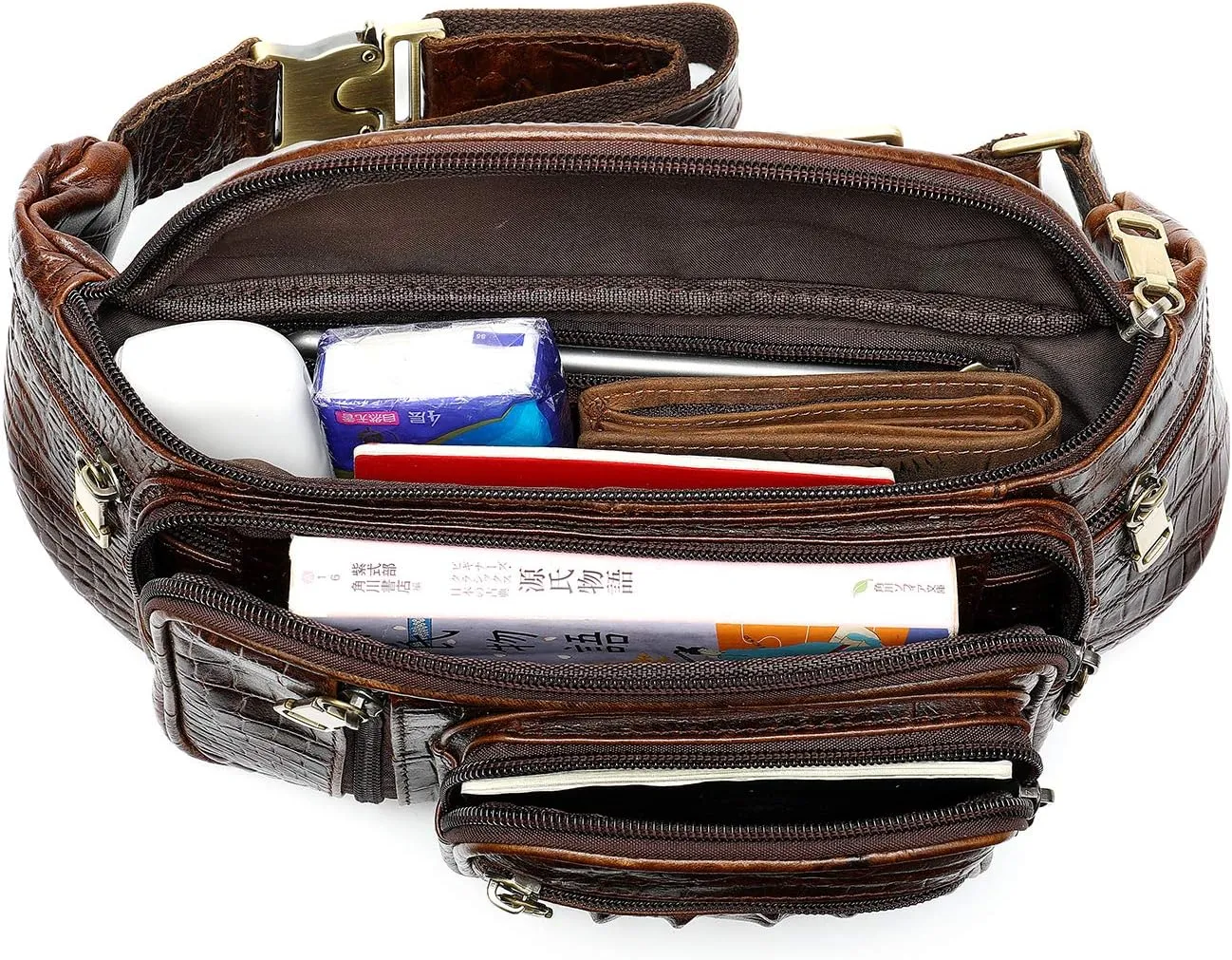 Genuine Leather Fanny Pack large capacity Crossbody Waist Bag with Zipper phone Pockets crocodile coffee