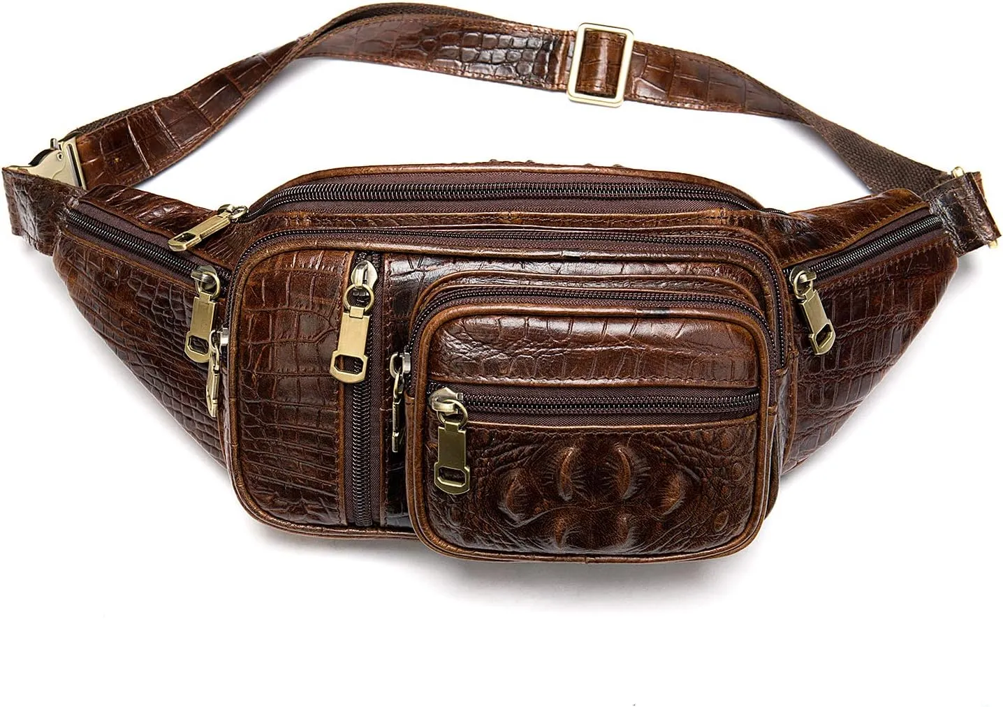 Genuine Leather Fanny Pack large capacity Crossbody Waist Bag with Zipper phone Pockets crocodile coffee