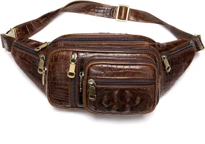Genuine Leather Fanny Pack large capacity Crossbody Waist Bag with Zipper phone Pockets crocodile coffee