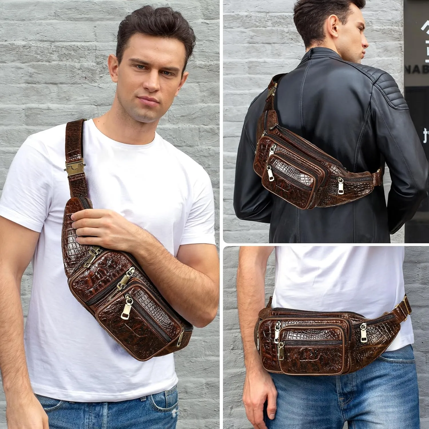 Genuine Leather Fanny Pack large capacity Crossbody Waist Bag with Zipper phone Pockets crocodile coffee