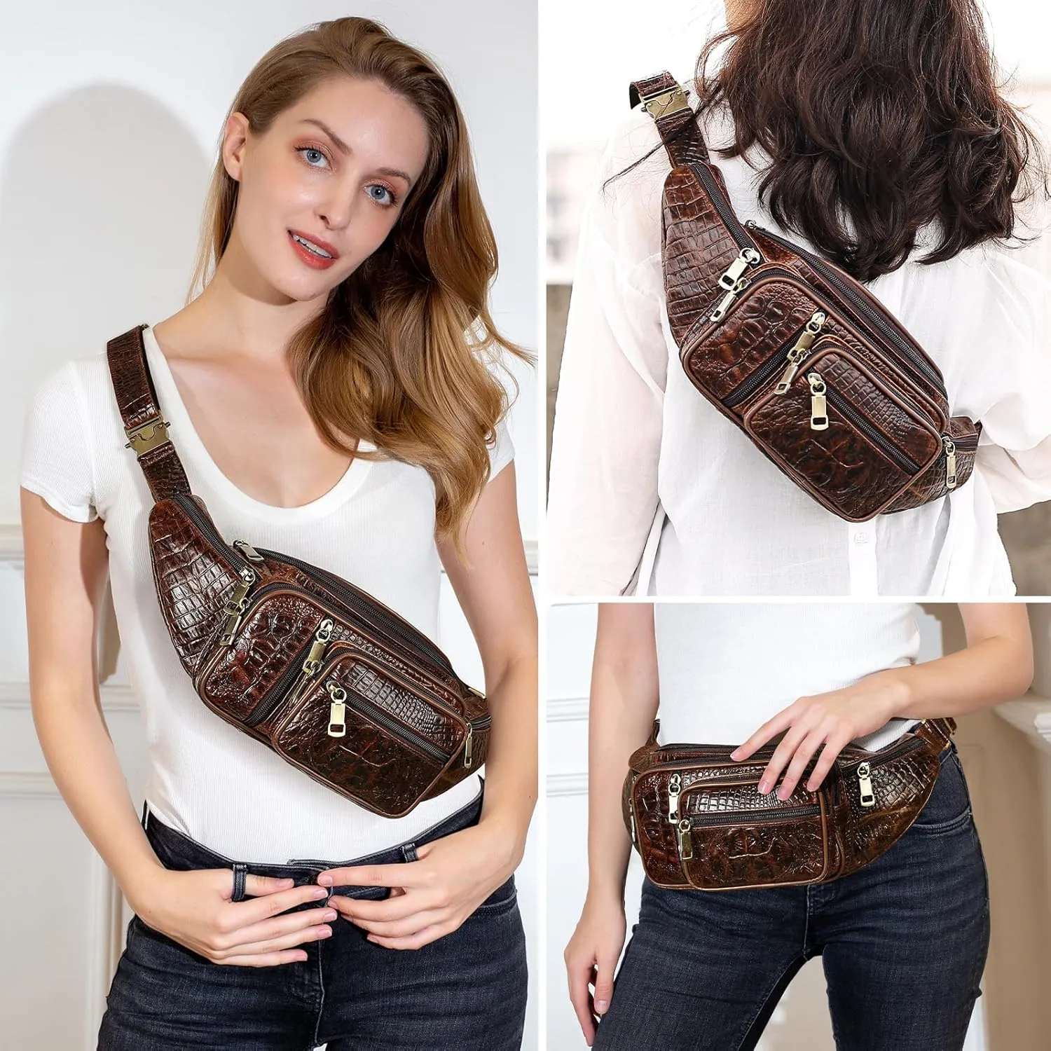 Genuine Leather Fanny Pack large capacity Crossbody Waist Bag with Zipper phone Pockets crocodile coffee