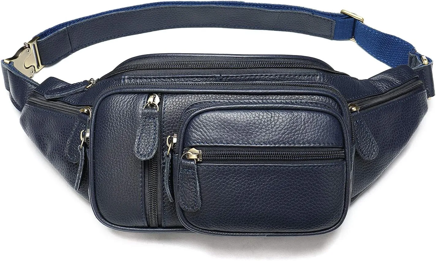 Genuine Leather Fanny Pack large capacity Crossbody Waist Bag with Zipper phone Pockets dark blue