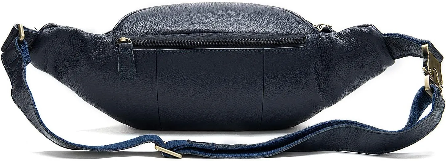 Genuine Leather Fanny Pack large capacity Crossbody Waist Bag with Zipper phone Pockets dark blue