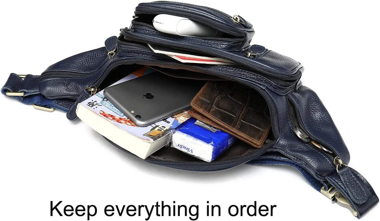 Genuine Leather Fanny Pack large capacity Crossbody Waist Bag with Zipper phone Pockets dark blue