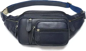 Genuine Leather Fanny Pack large capacity Crossbody Waist Bag with Zipper phone Pockets dark blue
