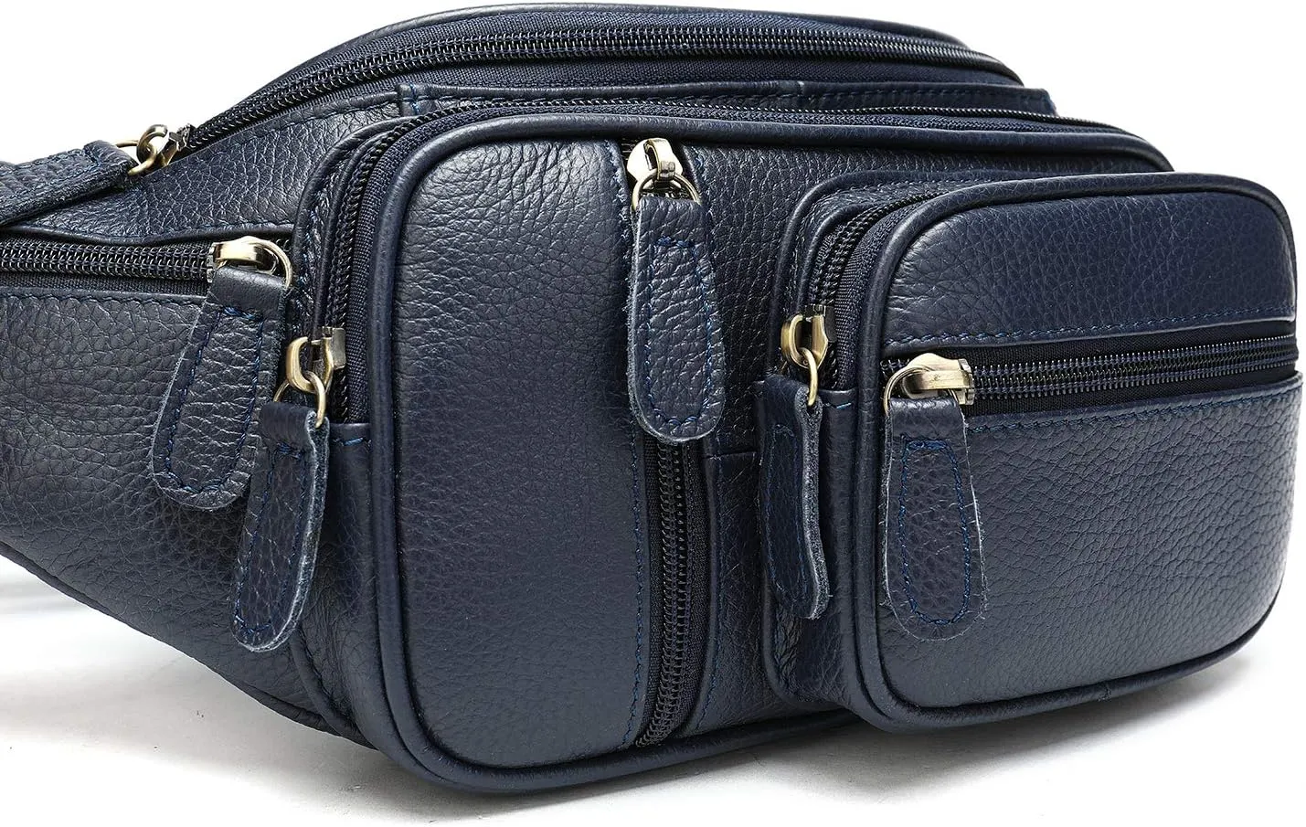 Genuine Leather Fanny Pack large capacity Crossbody Waist Bag with Zipper phone Pockets dark blue