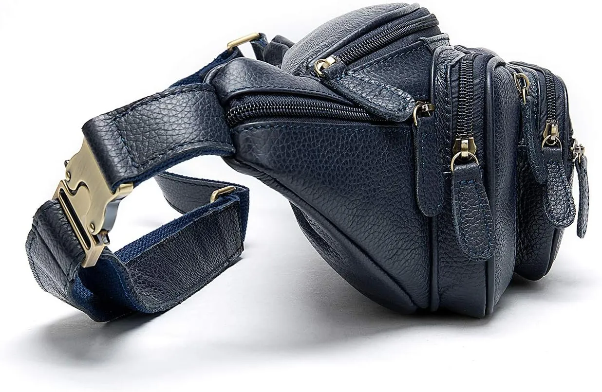 Genuine Leather Fanny Pack large capacity Crossbody Waist Bag with Zipper phone Pockets dark blue