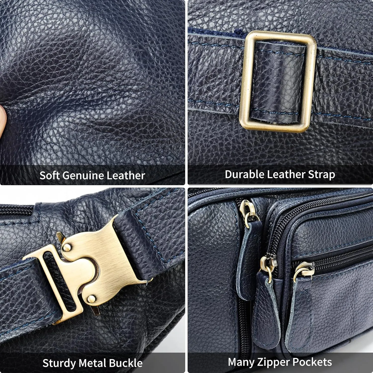 Genuine Leather Fanny Pack large capacity Crossbody Waist Bag with Zipper phone Pockets dark blue