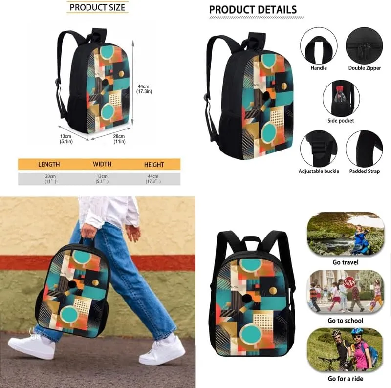 Geometric Rhombic Circular School Backpack Set Fashion Student Book Backpack Abstract Art Lunch Box Pencil Case Set Lightweight Backpacks for Teen Girls Boys