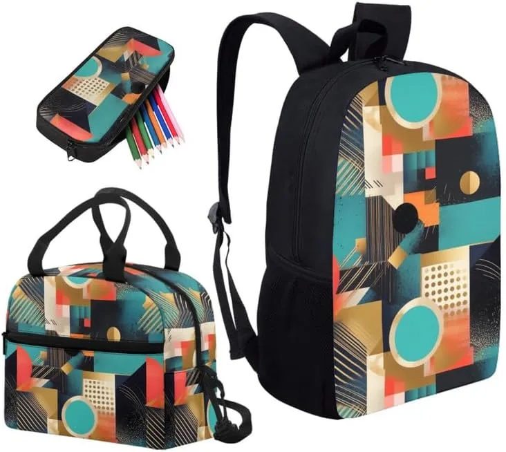 Geometric Rhombic Circular School Backpack Set Fashion Student Book Backpack Abstract Art Lunch Box Pencil Case Set Lightweight Backpacks for Teen Girls Boys