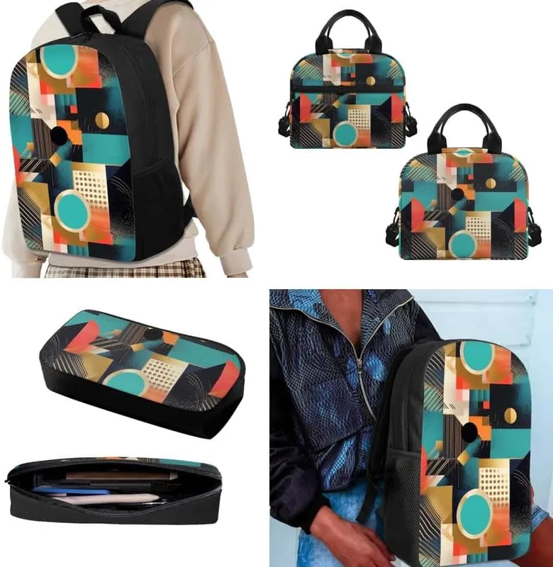 Geometric Rhombic Circular School Backpack Set Fashion Student Book Backpack Abstract Art Lunch Box Pencil Case Set Lightweight Backpacks for Teen Girls Boys