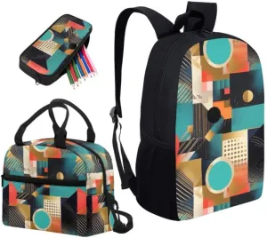Geometric Rhombic Circular School Backpack Set Fashion Student Book Backpack Abstract Art Lunch Box Pencil Case Set Lightweight Backpacks for Teen Girls Boys