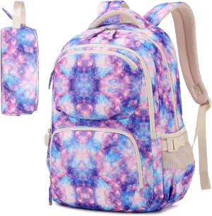 Girls backpack, School Backpacks for Kids with Pencil Case Set School Bags Kawaii Bookbag for Elementary Middle School, Age 6-12, Pink Purple Galaxy