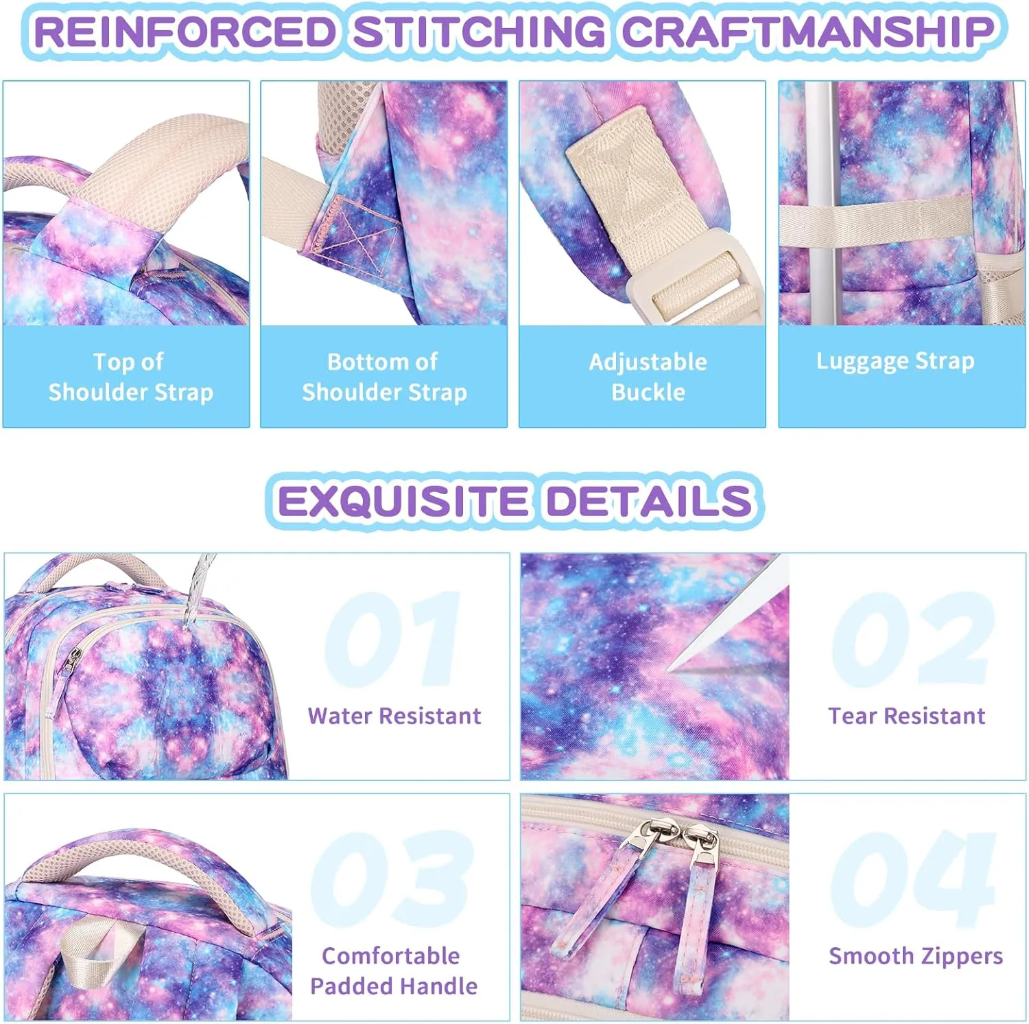 Girls backpack, School Backpacks for Kids with Pencil Case Set School Bags Kawaii Bookbag for Elementary Middle School, Age 6-12, Pink Purple Galaxy